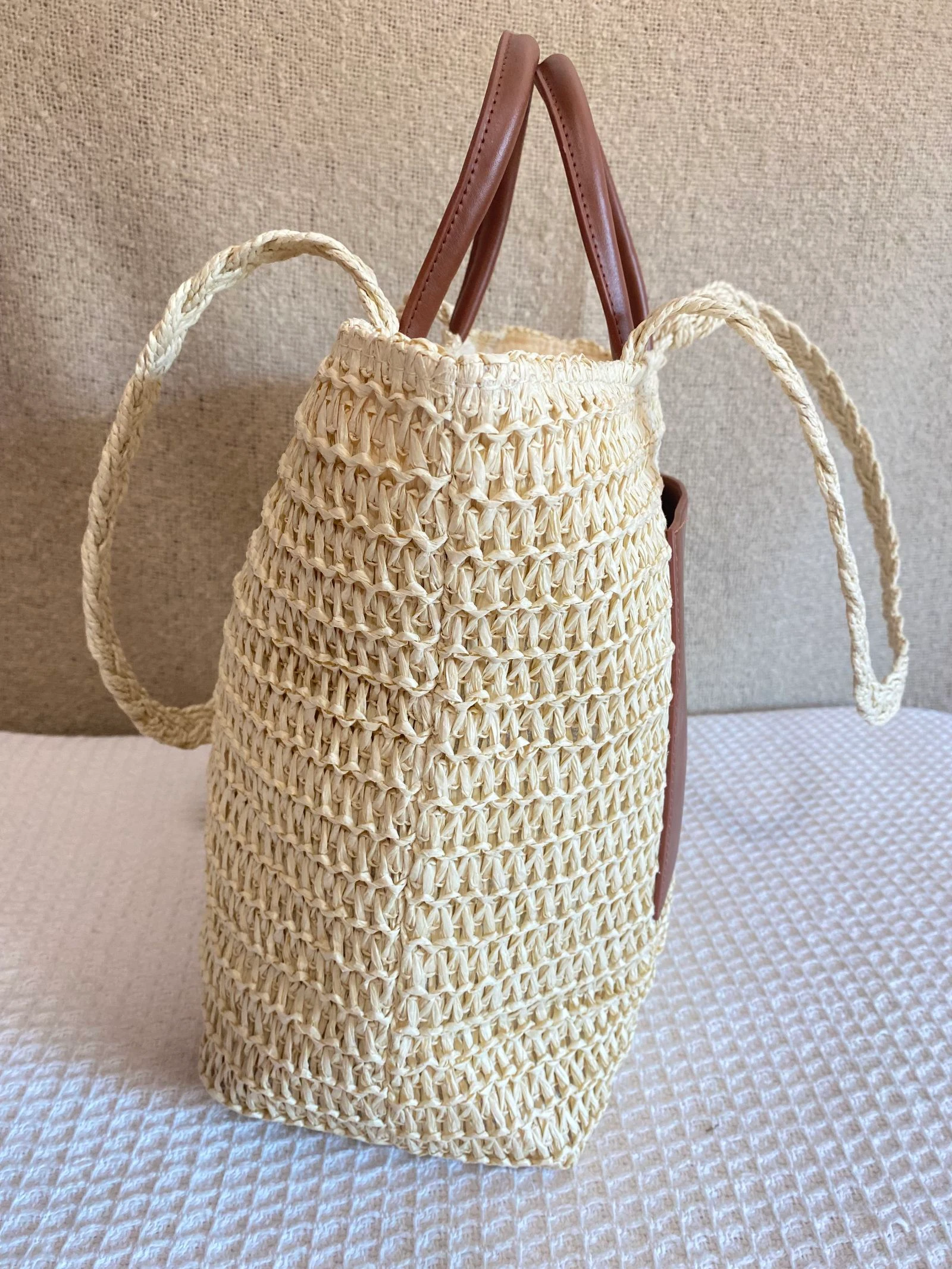 Rotan Tote tas met kunstleren vak en dubbele handvat – photo 4